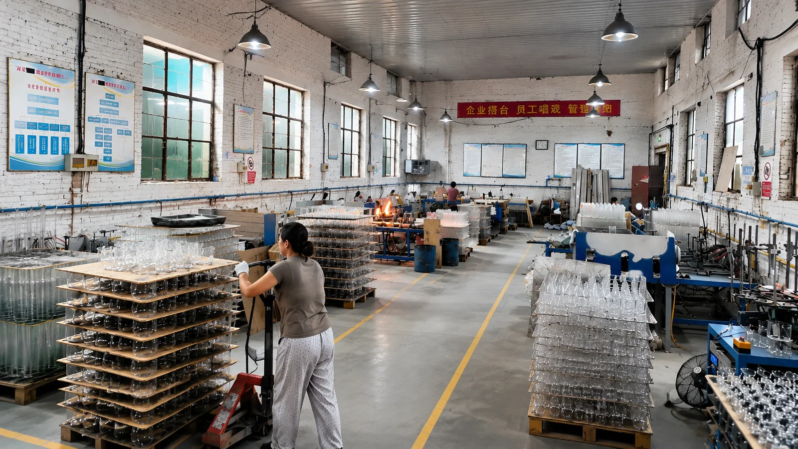 Wide view of a production-partner workshop with glassware trays
