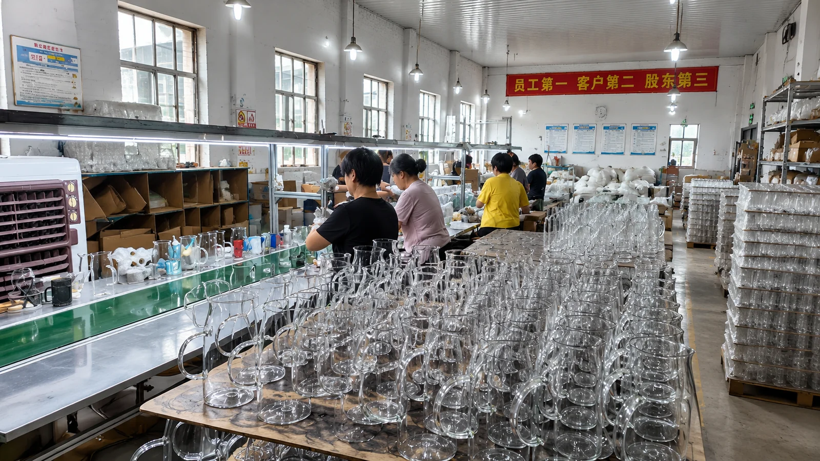 Workers handling clear glass pitchers at a production-partner workshop