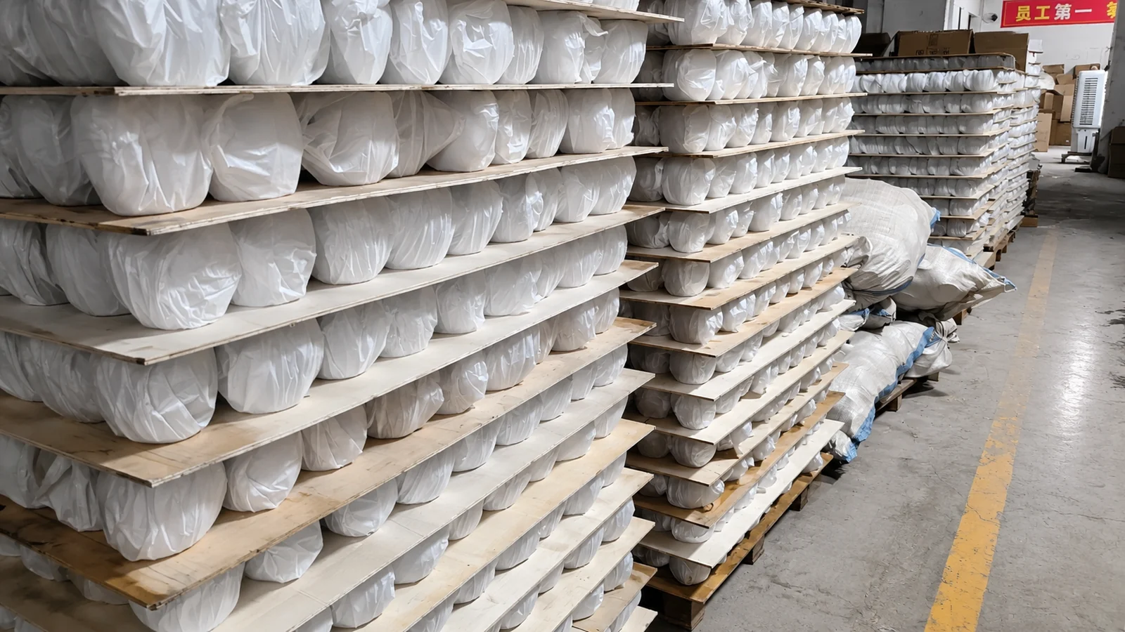 Protected finished glassware stored on separated trays inside the workshop