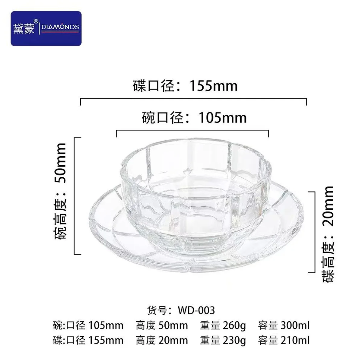 Clear Tea Bowl and Saucer Set, model WD-003, selected for Middle East buyer review