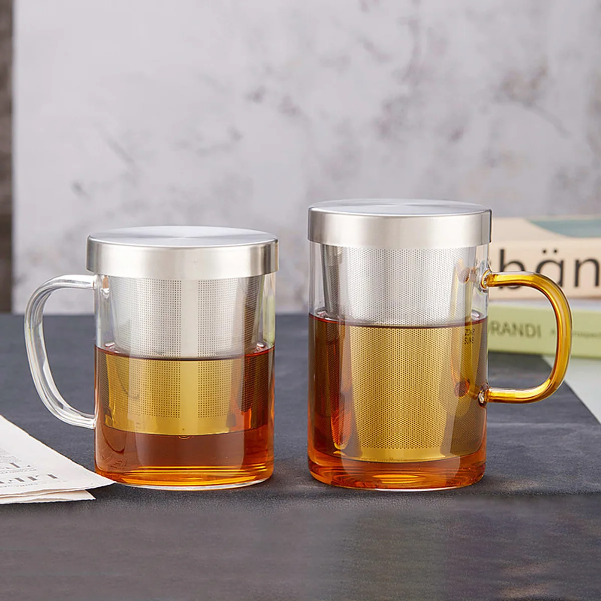 Colored Handle Glass Mug Family, catalog model DBT0035
