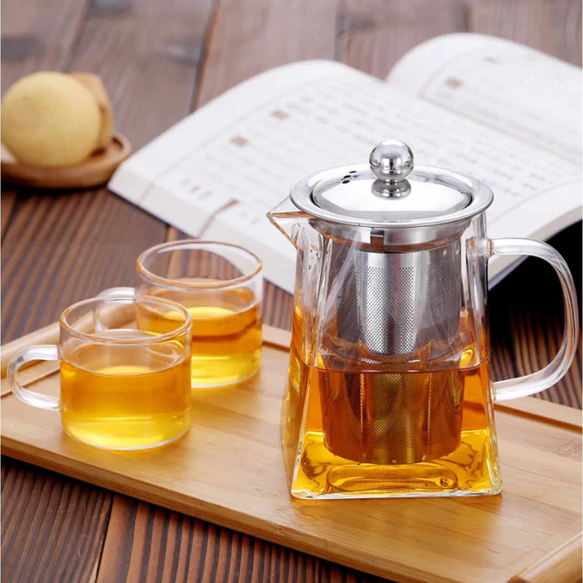 Square Glass Teapot with Stainless Infuser, catalog model SH1004